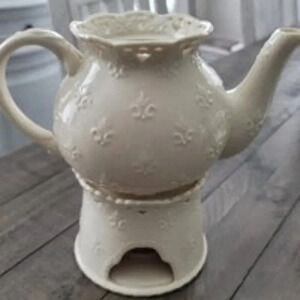 Skye McGhie Cream lace porcelain teapot and tea light warmer stand